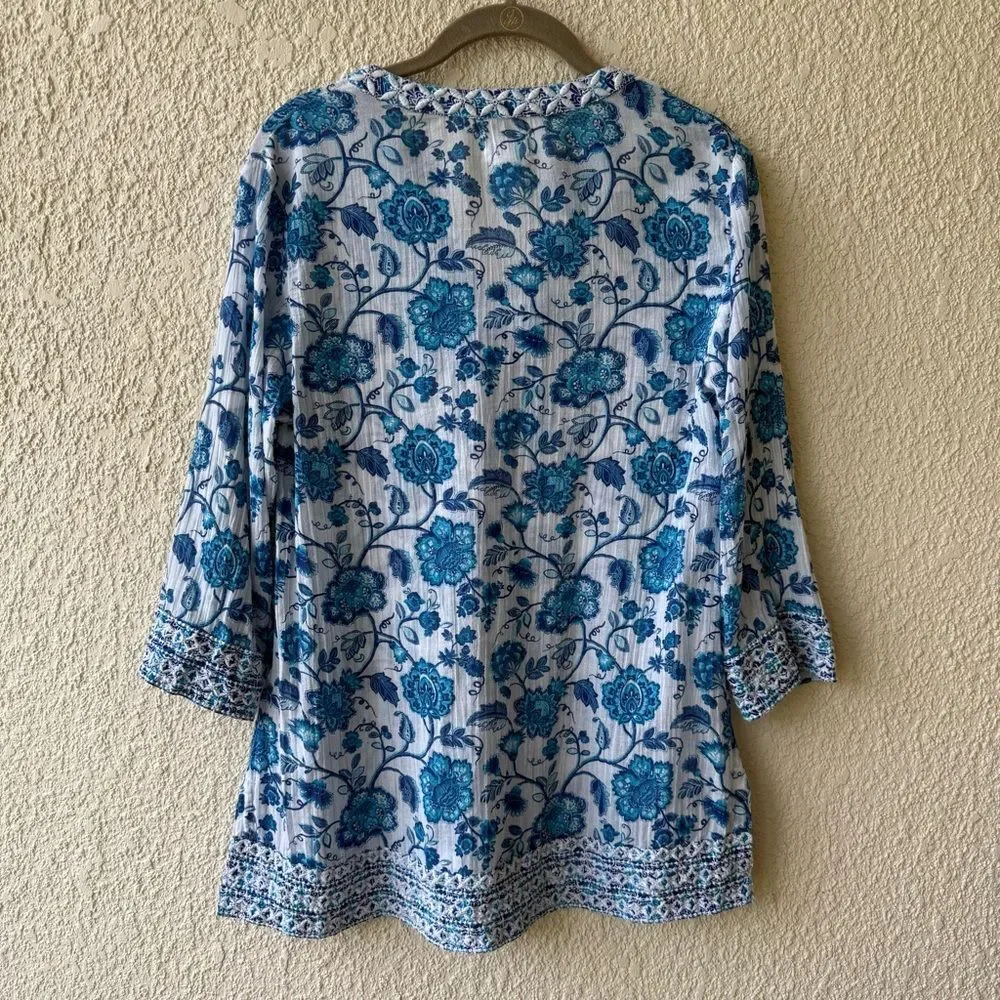 Sigrid Olsen Blue Floral embroidered Tunic Top Crinkle Cotton Boho Sz Small